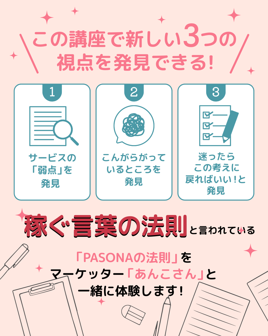 3つの視点：①サービスの弱点を発見 ②こんがらがっているところを発見 ③迷ったらこの考えに戻ればいい！を発見